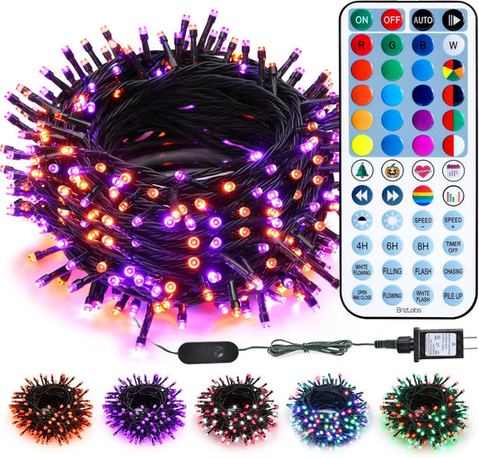 BrizLabs RGB Christmas Lights, 33ft 100 LED Color Changing Orange Purple Halloween String Lights with Remote, Dimmable Mini Light String for Indoor Outdoor Halloween Xmas Mardi Gras Year-Round Decor
