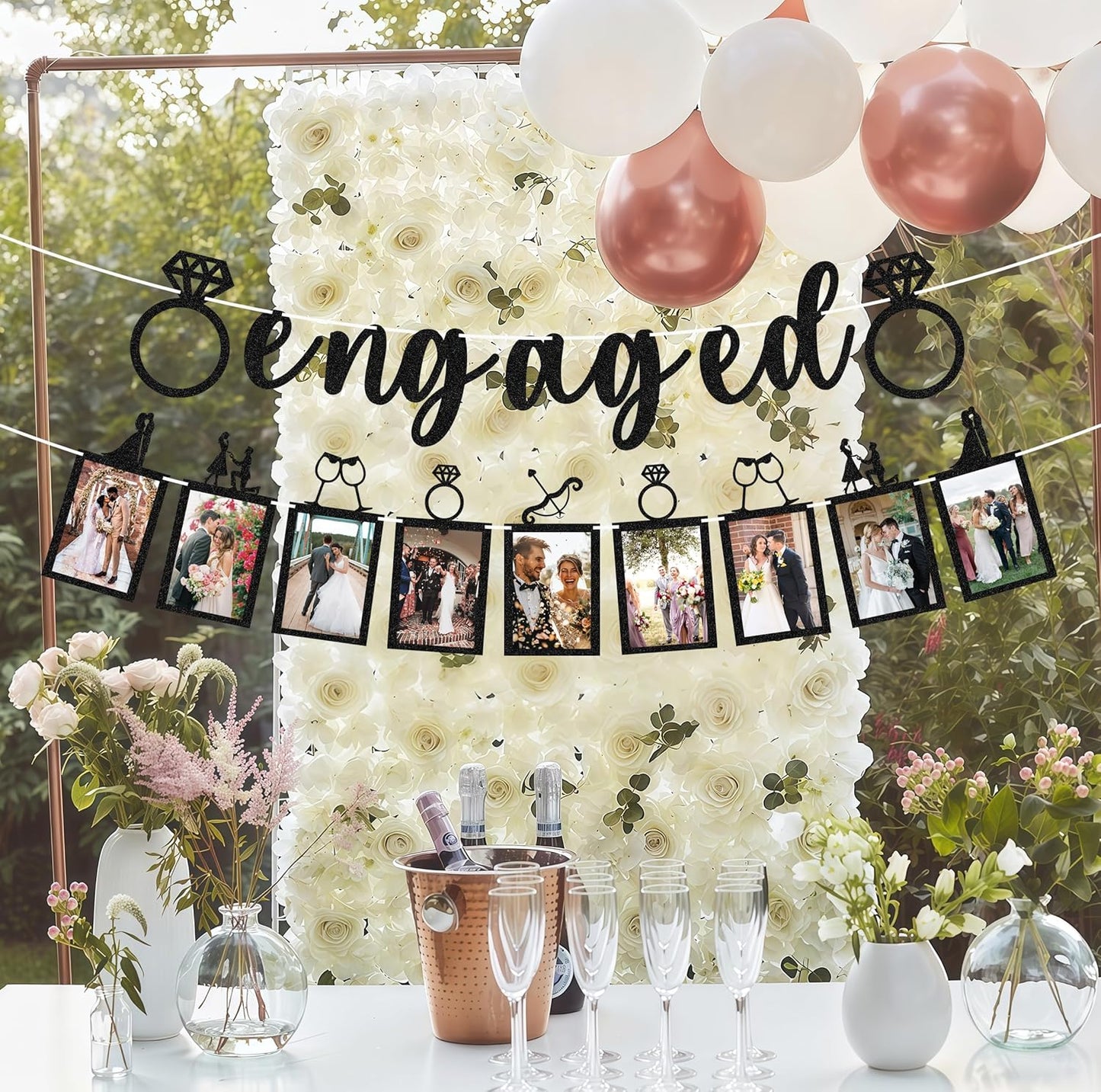 Pre-Strung Engaged Photo Banner - Black Glitter Engagement Party Decoration Supplies with Romantic Memories Picture Card Frames for Bachelorette, Bridal Shower, Wedding Party Photo Booth Props