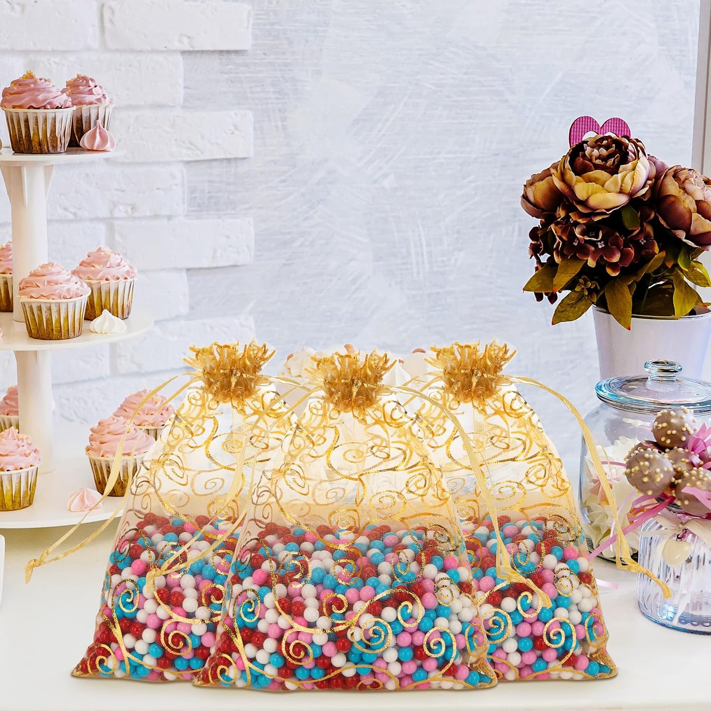 Staruby Organza Gift Bags 50 Pcs Gold Sheer Organza Bag 6x8 Inch Mesh Favor Bags Drawstring Jewelry Rattan Printed Gift Pouches for Wedding Party Favors Couple Shower Christmas Gifts Candy Bags