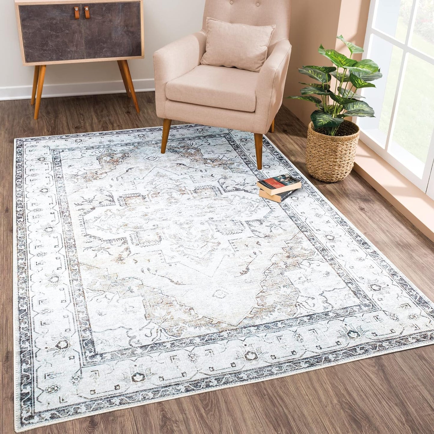 Bloom Rugs Washable Non-Slip 8' x 10' Rug - Brown/Beige/Charcoal Traditional Area Rug for Living Room, Bedroom, Dining Room, and Kitchen - Exact Size: 8' x 10'