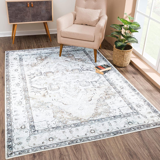 Bloom Rugs Washable Non-Slip 8' x 10' Rug - Brown/Beige/Charcoal Traditional Area Rug for Living Room, Bedroom, Dining Room, and Kitchen - Exact Size: 8' x 10'