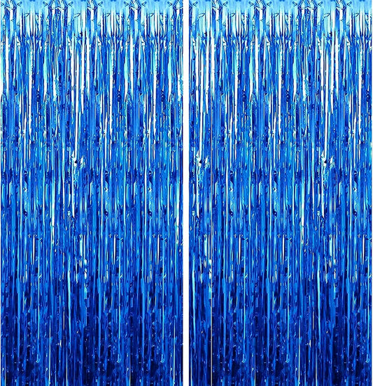 2 Pack 3.28 ft x 6.56 ft Blue Tinsel Curtain Party Backdrop Decorations, Metallic Foil Fringe Backdrop Door for Halloween, Christmas, Birthday Graduatio