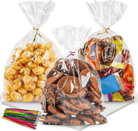 NPLUX 100 Pack Cellophane Bags Small Plastic Cookie Bag Clear Treat Bags with Twist Ties for Small Gift Party Favors, Bakery, Candy, Popcorn (6×10In)