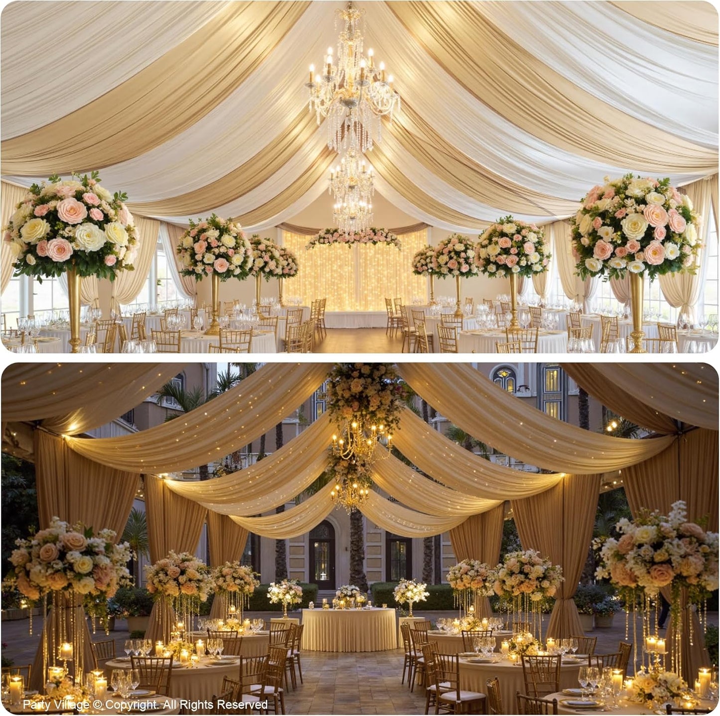 PartyVillage 10ftx40ft Beige Ceiling Curtain for Wedding Parties – 2 Panels Wrinkle-Free 40 FT Long Tent Draping Curtains for Wedding, Birthday & Theme Parties, 40ft Height with Rod Pocket
