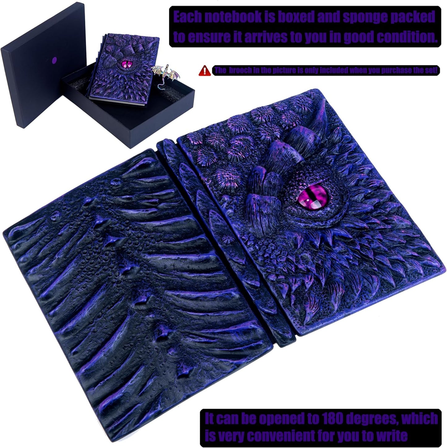 3D Dragon Eye Embossed Journal,Resin Engraving Notebook,Dnd notebook for Dragon Lovers ，Blank Paper,Hardcover Travel Notepad for Writing,Sketchbook,Collection,Gift,Decoration A4 and A5 Size (A5-Dark Purple-Lined-Brooch)