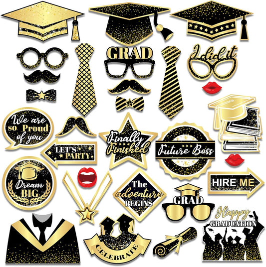 25 Pcs Black and Gold Photo Booth Props, Graduation Theme Decoration Props, Graduation Holiday Party Supplies