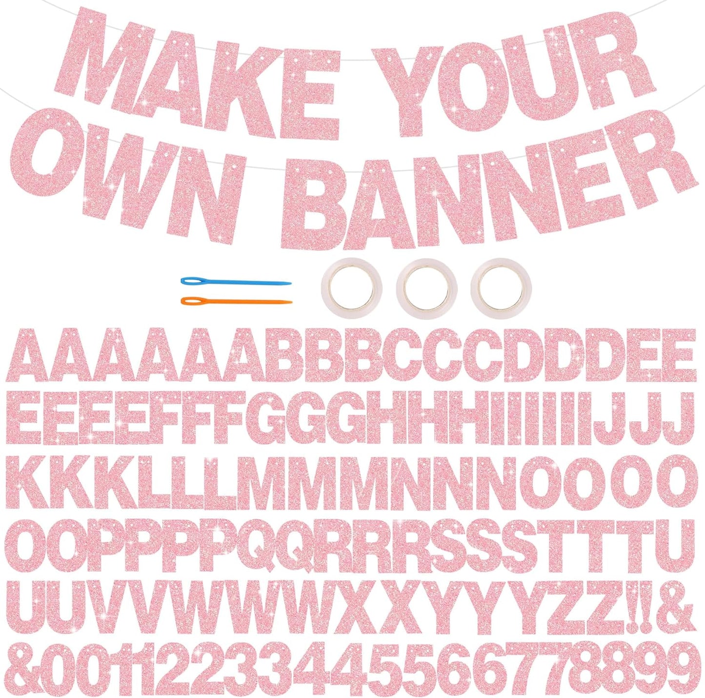 BEISHIDA 116 PCS Glitter Dark Pink DIY Letter Banner Kit Make Your Own Banner，Including 111 Letters and Numbers 3 Rope and 5 Threading Device,Customized for Birthday Graduation Wedding Party Decor