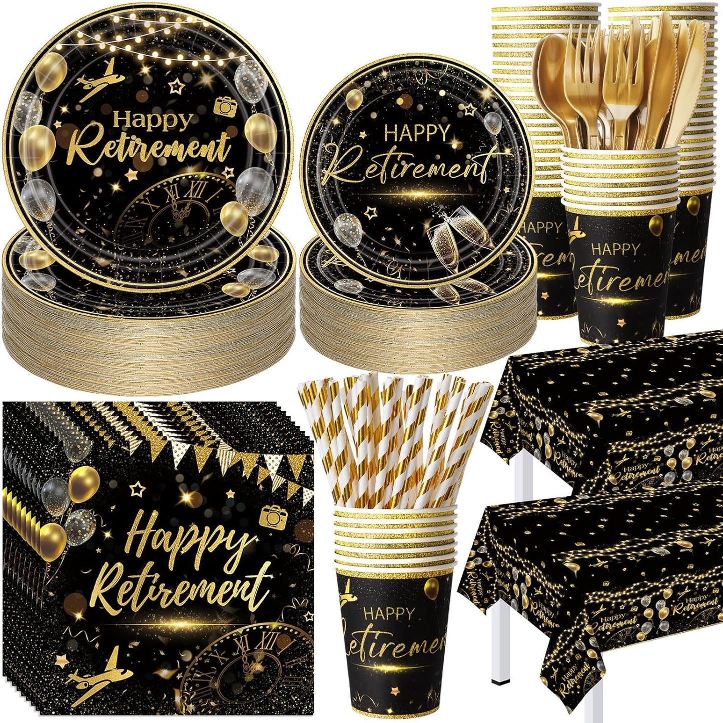 452 Pcs Black Gold Retirement Decorations Supplies for 50 Guests, Happy Retirement Paper Plates Napkins Cups Tablecloth Cutlery Straws Disposable Tableware Set for Men Women