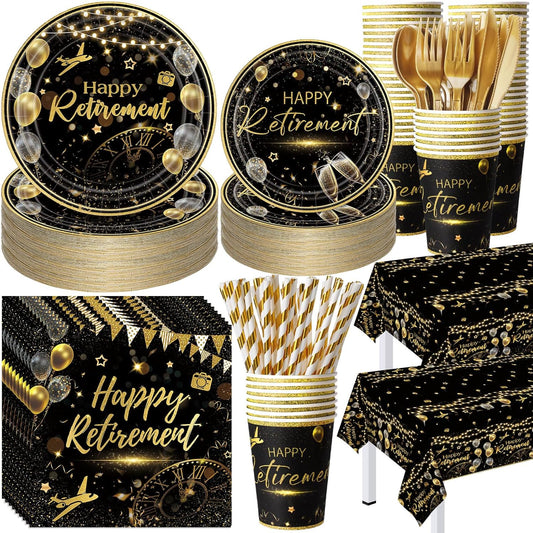 452 Pcs Black Gold Retirement Decorations Supplies for 50 Guests, Happy Retirement Paper Plates Napkins Cups Tablecloth Cutlery Straws Disposable Tableware Set for Men Women