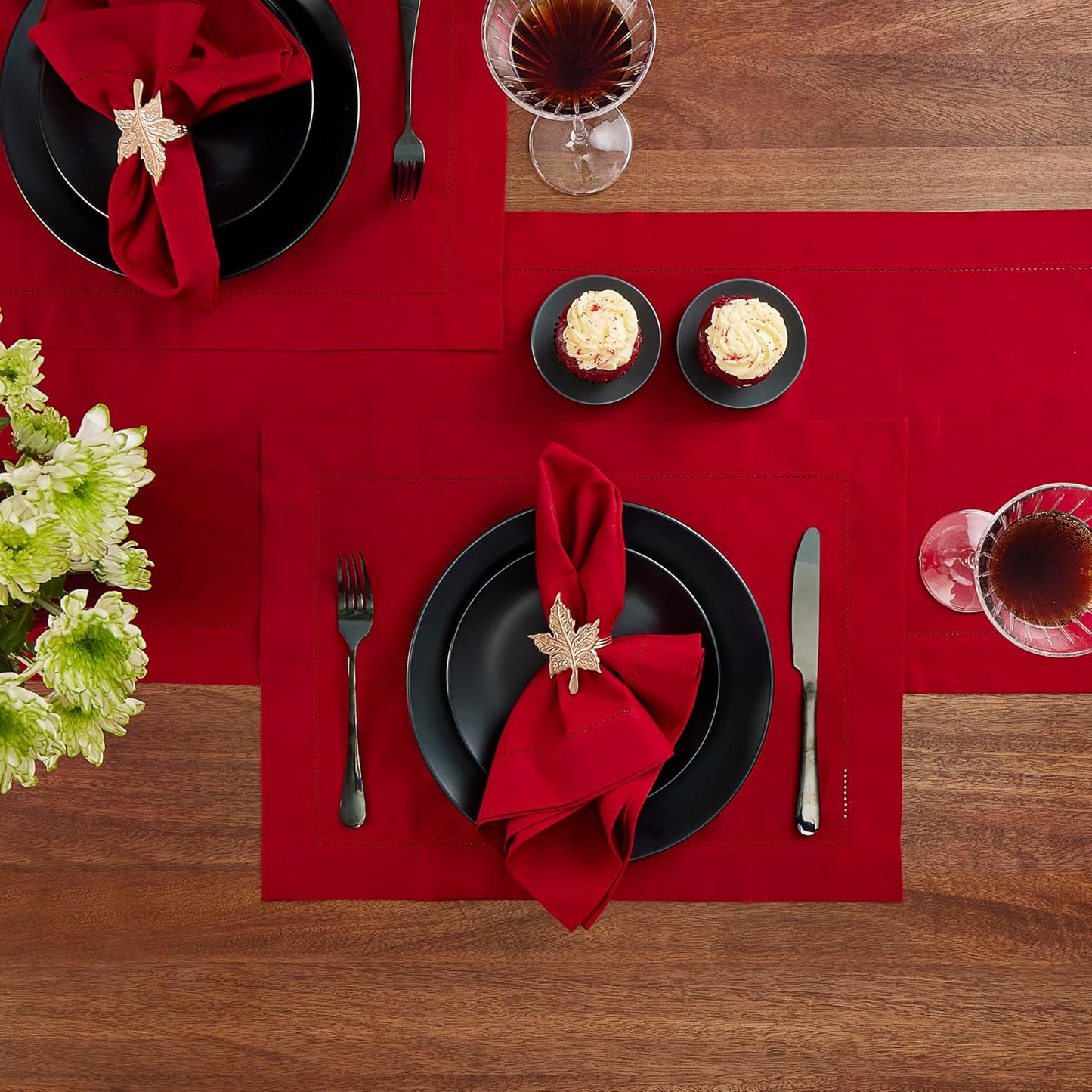 Cotton Linen Placemats Set of 4 – Hemstitch Red Cloth Placemats 14 x 19 Inch – Washable Fabric for Dining, Fall, Halloween, Thanksgiving, Spring, Summer, Wedding, Everyday Décor – Serena