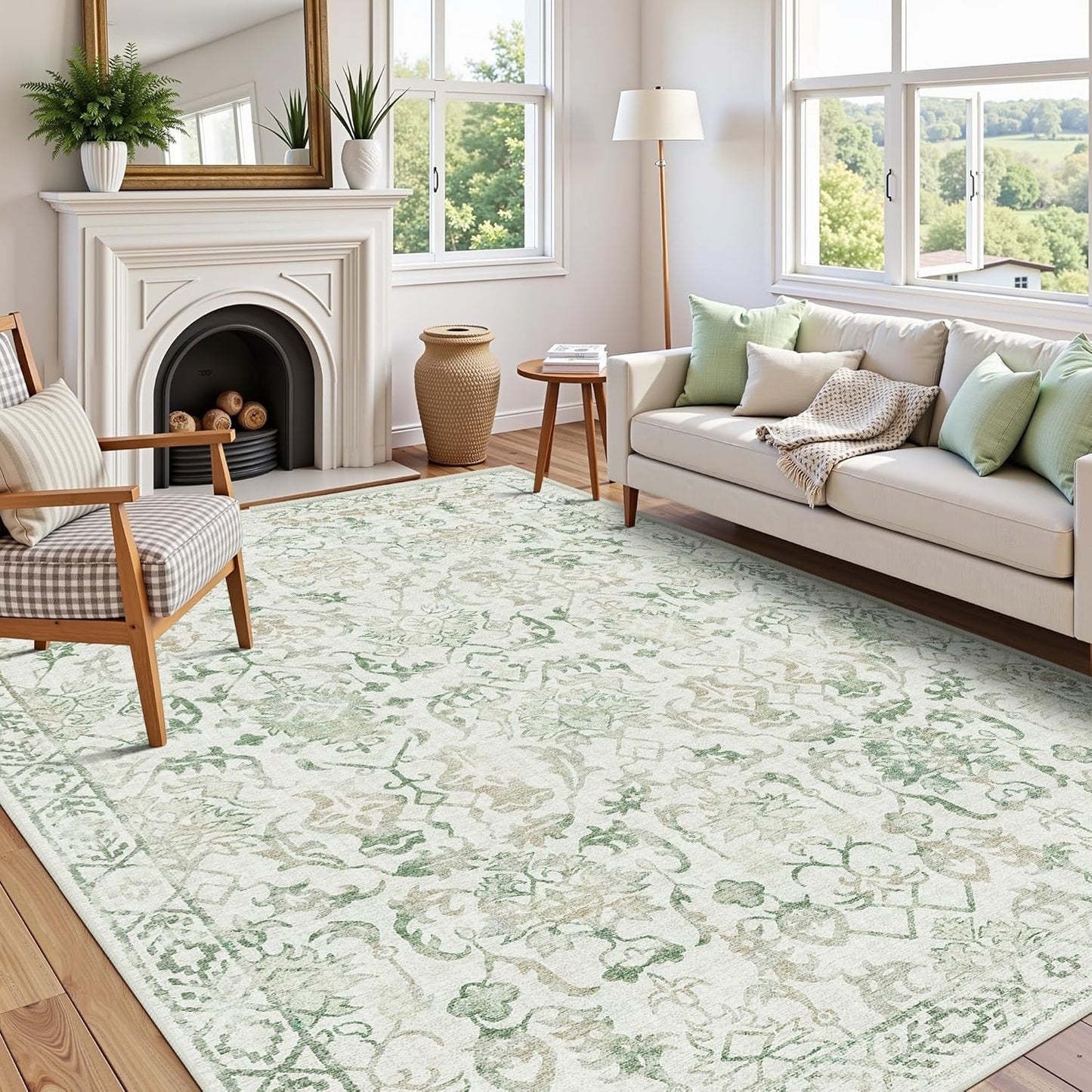 Green Vintage Area Rug 5x7 for Living Room Bedroom, Washable Distressed Farmhouse Soft Thin Non-Shedding Indoor Throw Rug, Traditional Accent Carpet for Bedroom Office