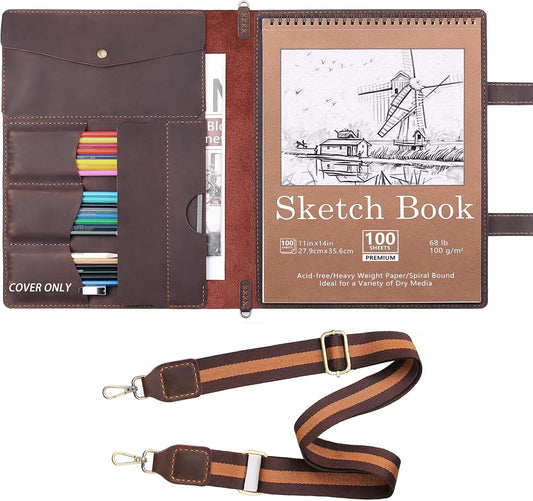 Robrasim Handmade Leather Sketchbook Cover, Artist Sketch Pad Holder for 11"X14" Top Spiral Bound Sketchbook, Drawing Book Pencil Case, Journal Portfolio with Shoulder Strap, Artist Gifts,Coffee