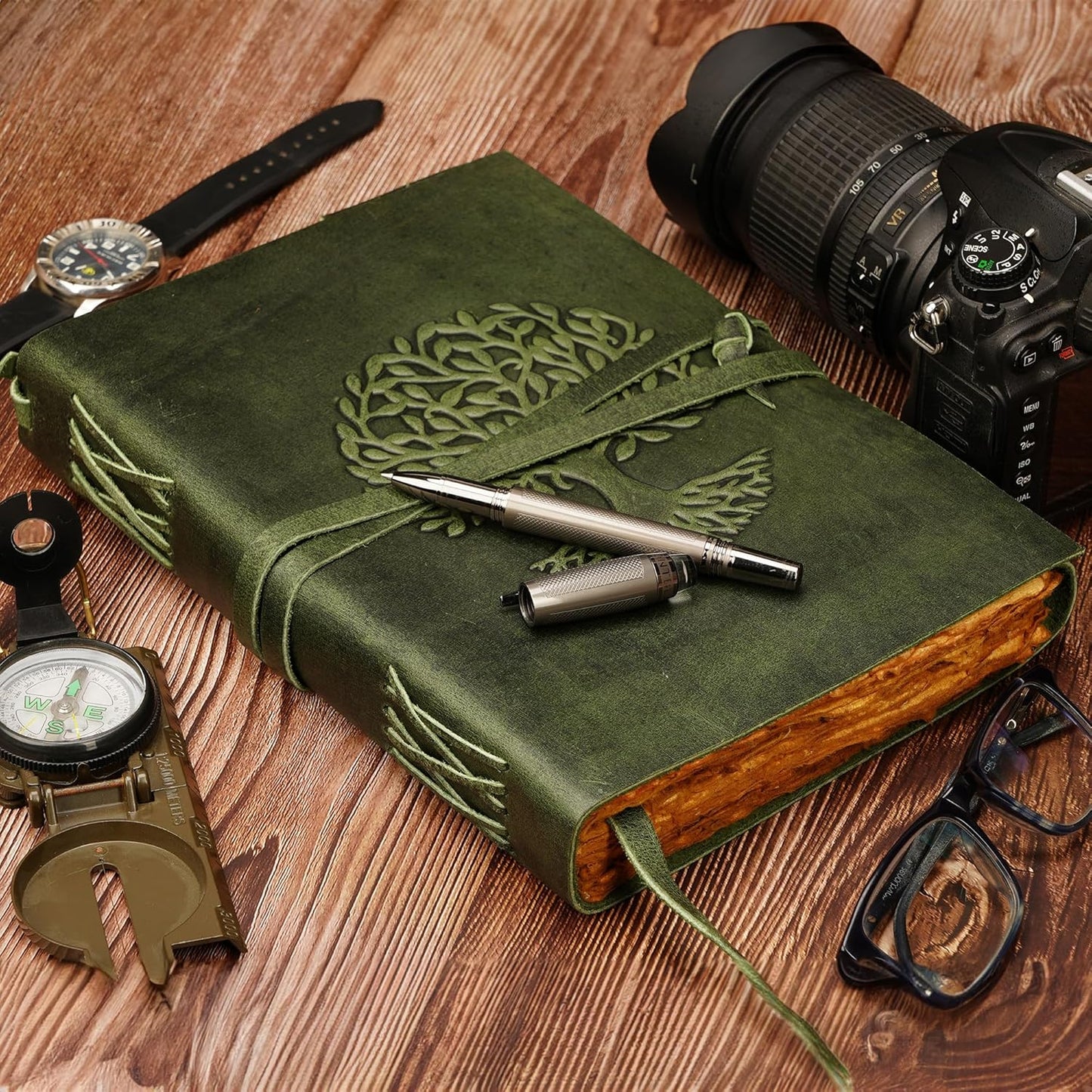 LUXEORIA Tree Of Life Leather Journal for Women and Men, Handcrafted Leather Journal for Writing Womens, Sketchbook, Travel Diary with Unlined Deckle Paper, Dark Green 7x10