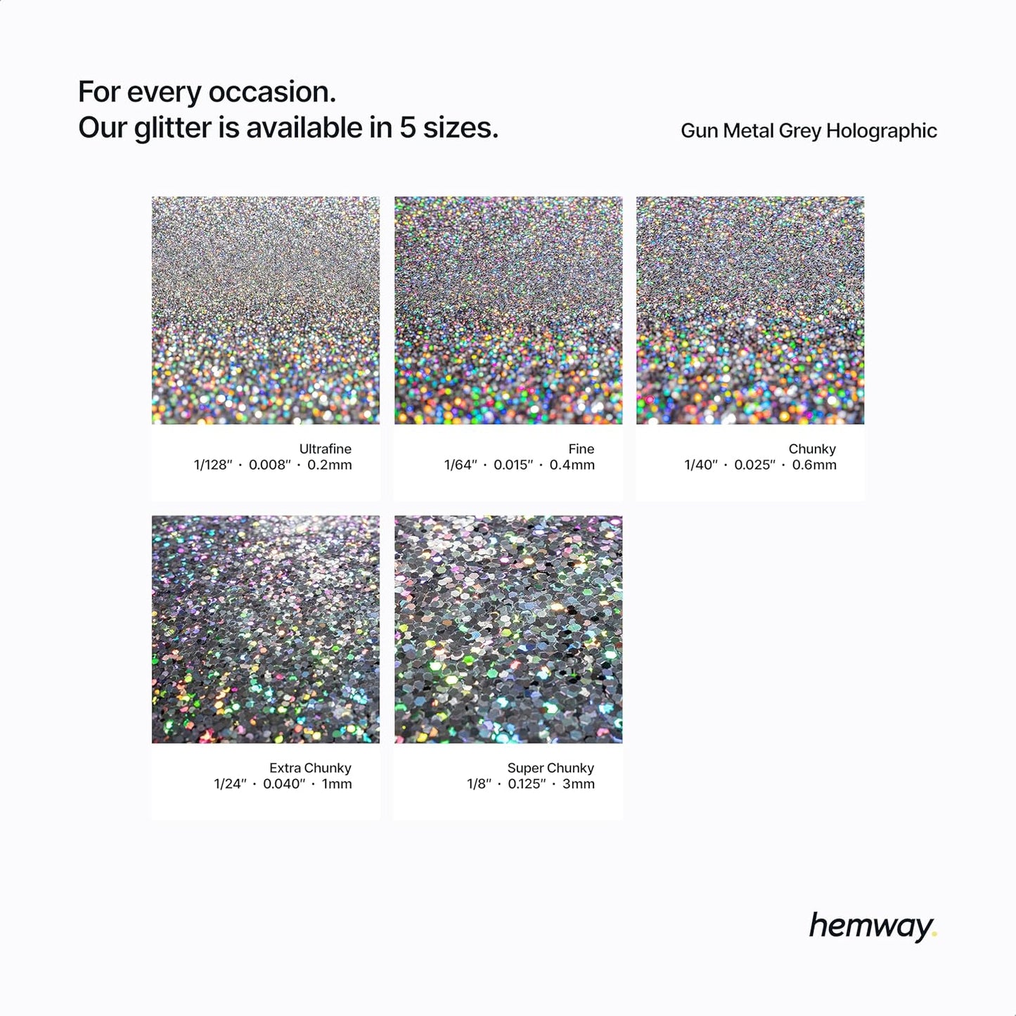 Hemway Eco Friendly Biodegradable Glitter 100g / 3.5oz Bio Cosmetic Safe Sparkle Vegan For Face, Eyeshadow, Body, Hair, Nail And Festival - Extra Chunky (1/24" 0.040" 1mm) - Gun Metal Grey Holographic