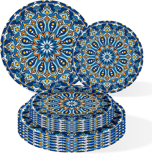 100 Count Boho Paper Plates (50×7"+ 50×9") – Disposable Plates for Party, Retro Bohemian Style Dessert Dinner Plate Set for Daily Use, Holiday, Wedding, Events