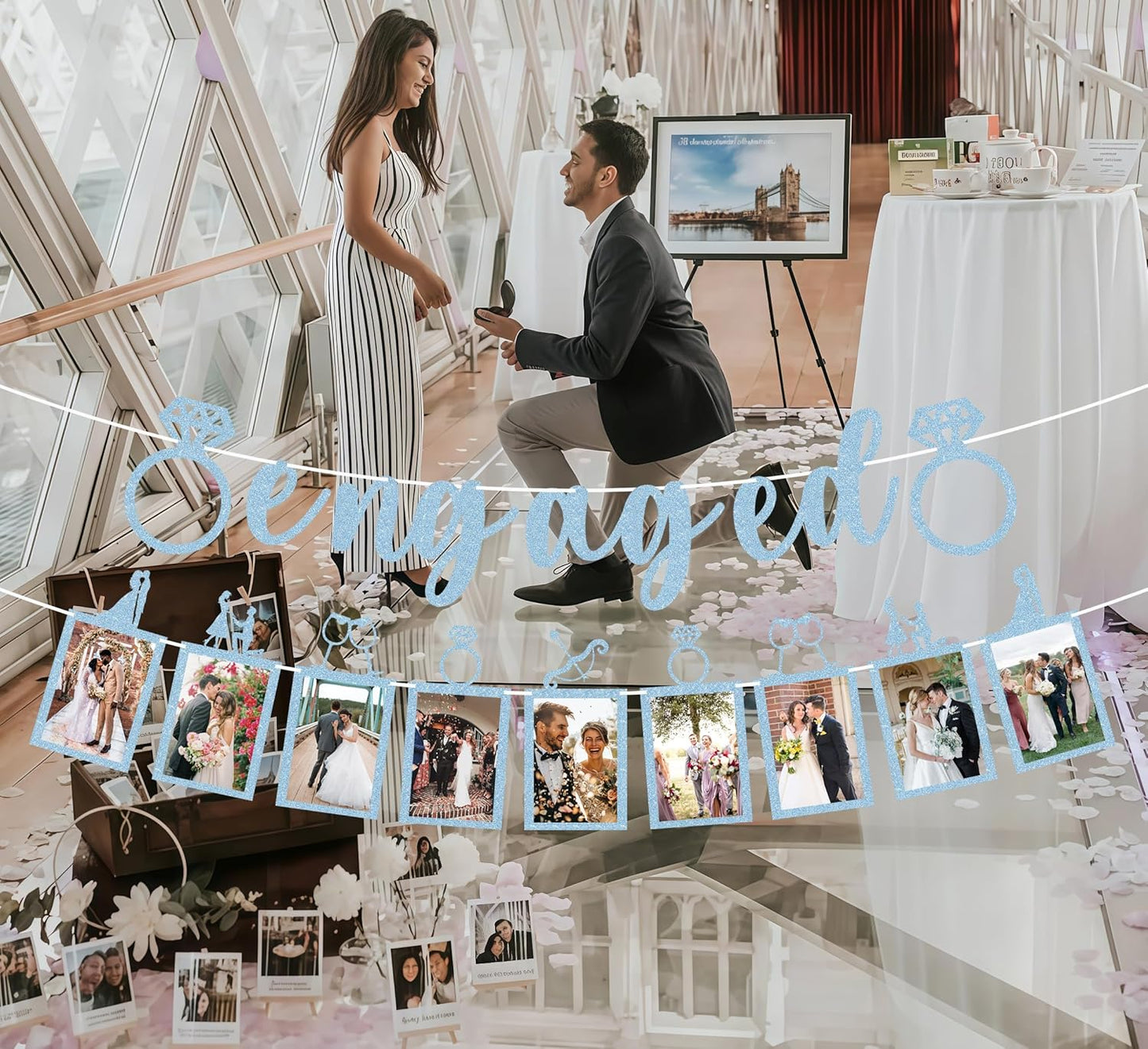 Pre-Strung Engaged Photo Banner - Light Blue Glitter Engagement Party Decoration Supplies with Romantic Memories Picture Card Frames for Bachelorette, Bridal Shower, Wedding Party Photo Booth Props