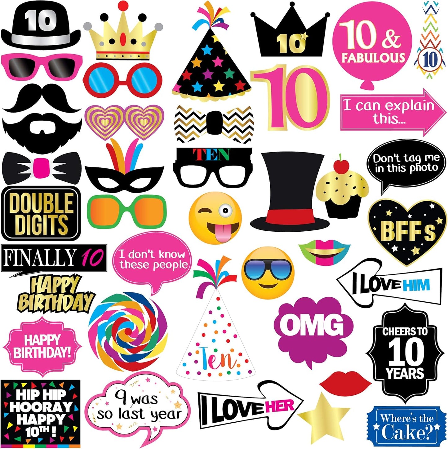 10th Birthday Photo Booth Party Props - 40 Pieces - Funny 10th Birthday Party Supplies, Decorations and Favors