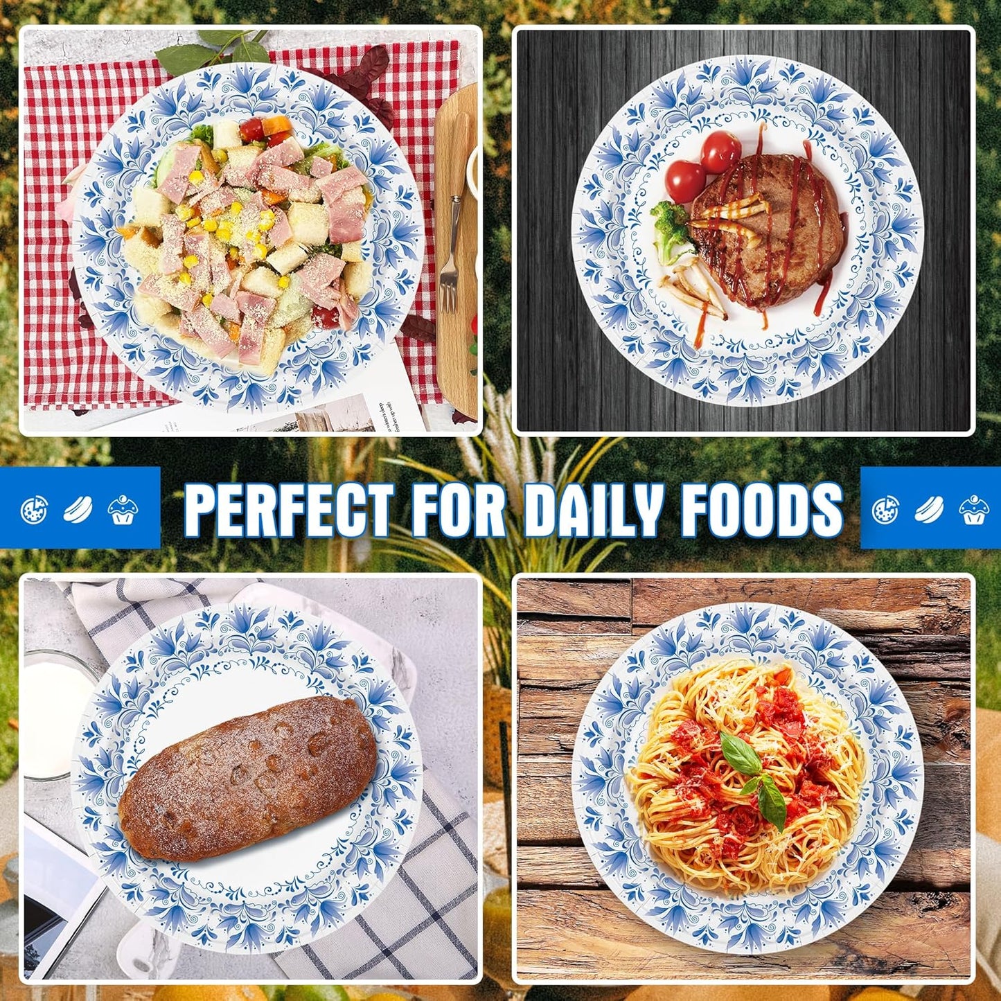 Charmount Large Paper Plates, 100pcs Disposable, Blue Flower Printed, Soak & Cut Proof for Parties & Daily Use