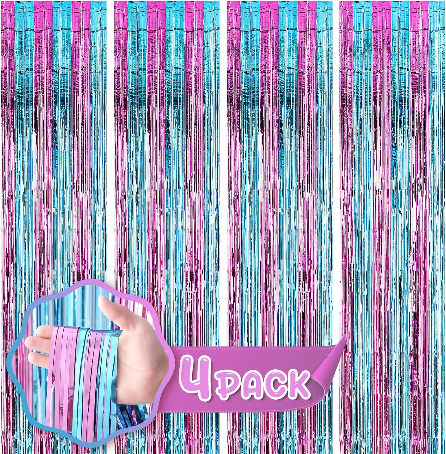 4 Pack 3.3x8.2 Feet Blue and Pink Foil Fringe Backdrop Curtains, Tinsel Streamers Birthday Party Decorations, Fringe Backdrop for Graduation, Baby Shower, Gender Reveal, Disco Party