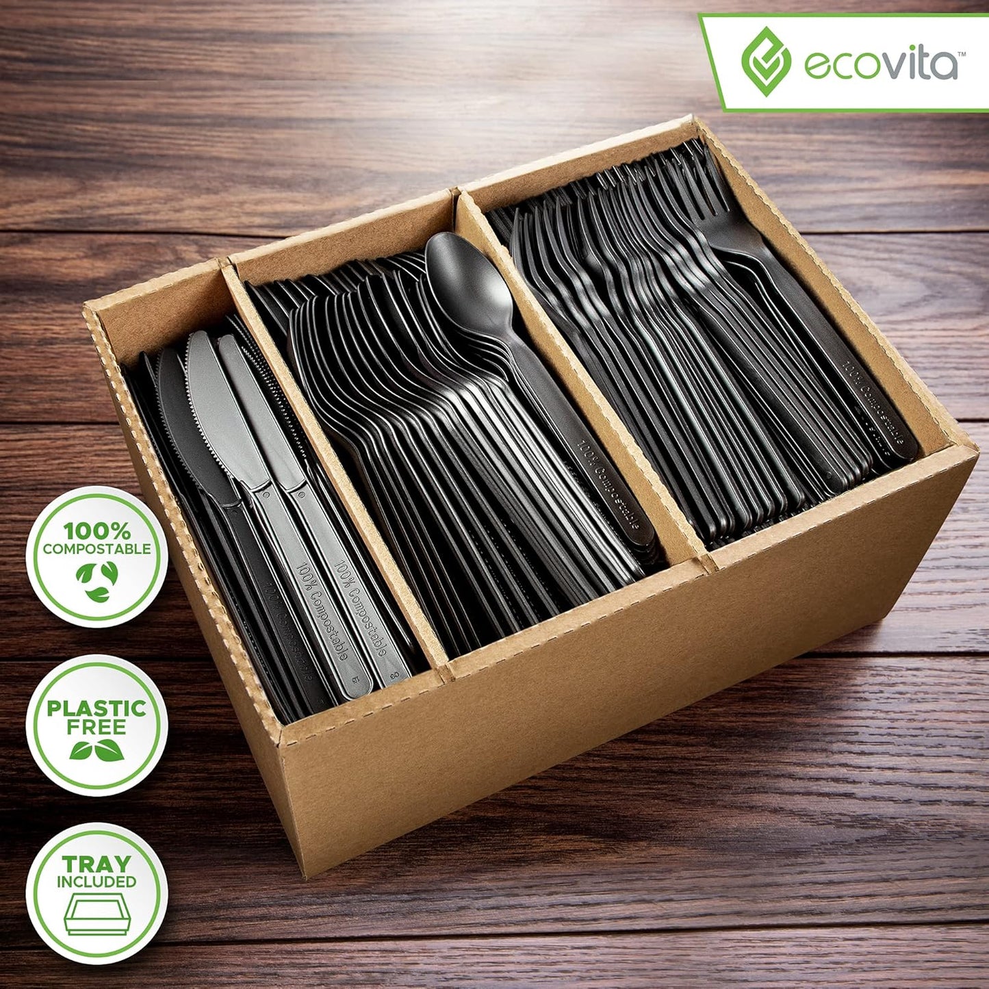 Ecovita 100% Compostable Forks Spoons Knives Cutlery Combo Set - 380 Large Disposable Utensils (7 in.) Eco Friendly Durable and Heat Resistant Alternative to Plastic Silverware with Convenient Tray