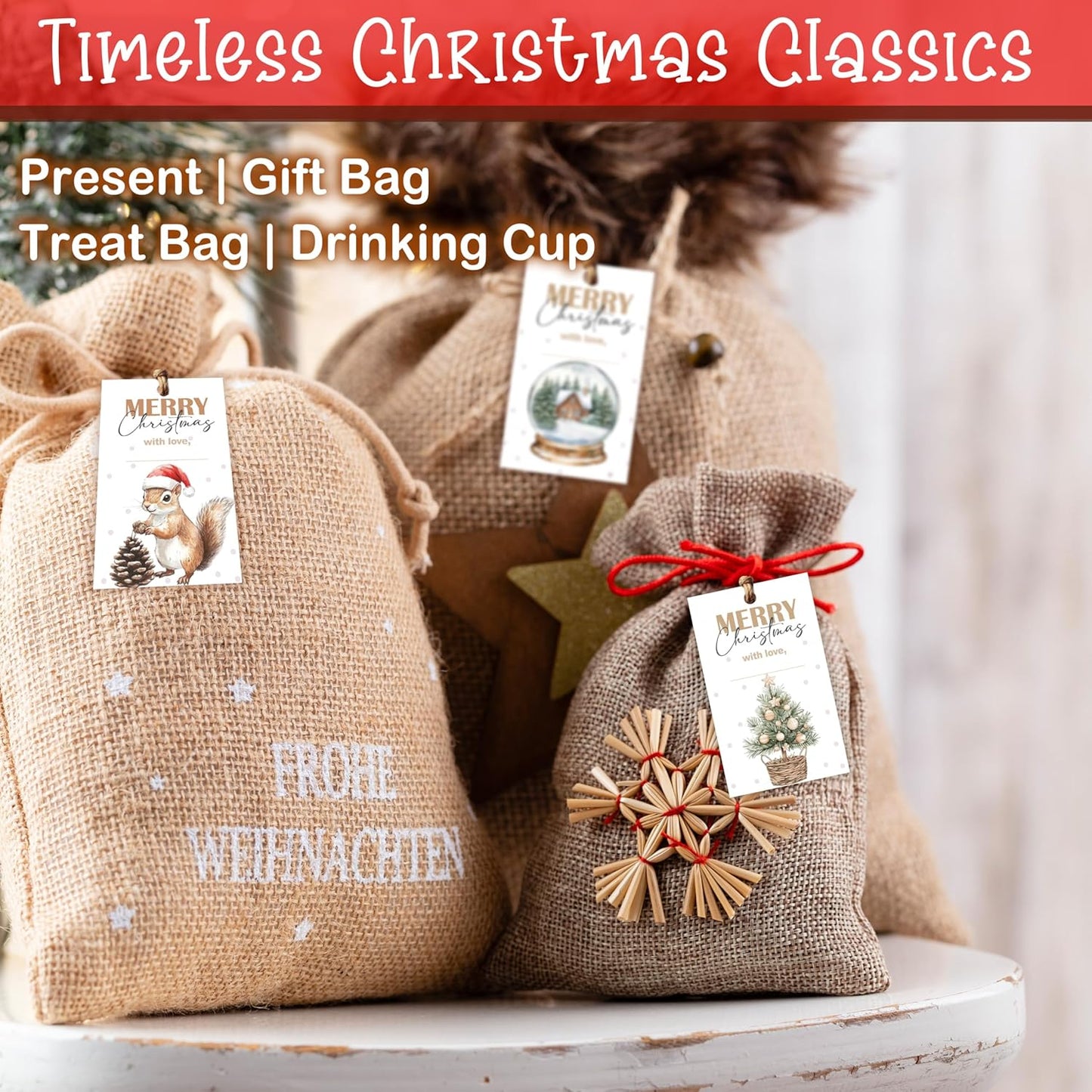 40 Pcs Christmas Gift Tags, 2.1"×3.5" Merry Christmas Tree Paper Tags with String, Hanging Presents Label Wrapping for Party Favor Decorations, 4 Styles - A03