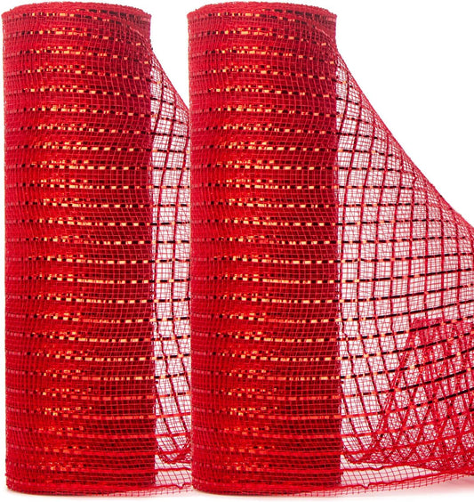 Ribbli 2 Rolls Red Mesh Ribbon,10 inch x 30 feet(10Yard) Each Roll,Metallic Red with Red Wide Foil,Use for Wreaths Swags,Valentine’s Day,Patriotic and Christmas Decoration
