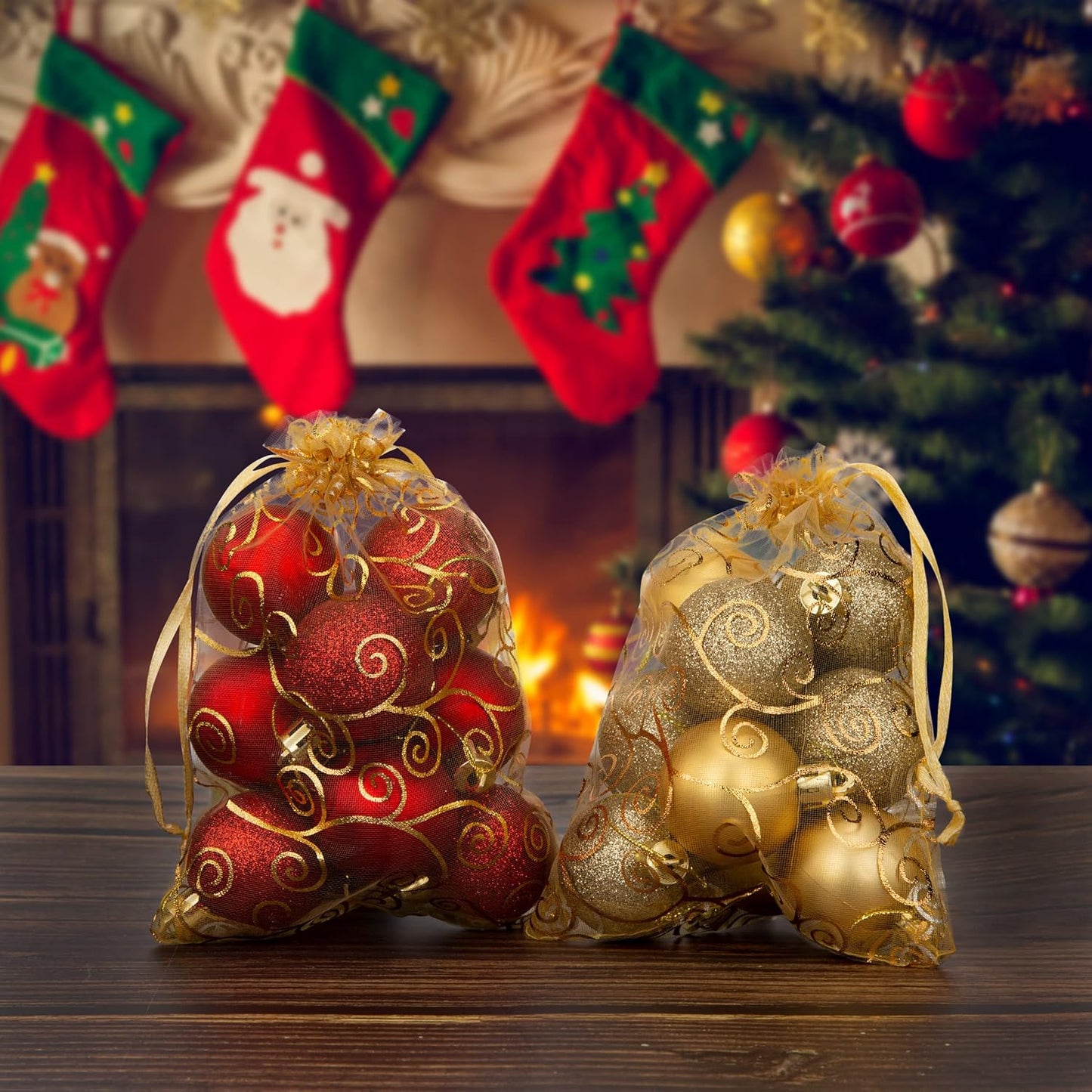 Staruby Organza Gift Bags 50 Pcs Gold Sheer Organza Bag 6x8 Inch Mesh Favor Bags Drawstring Jewelry Rattan Printed Gift Pouches for Wedding Party Favors Couple Shower Christmas Gifts Candy Bags