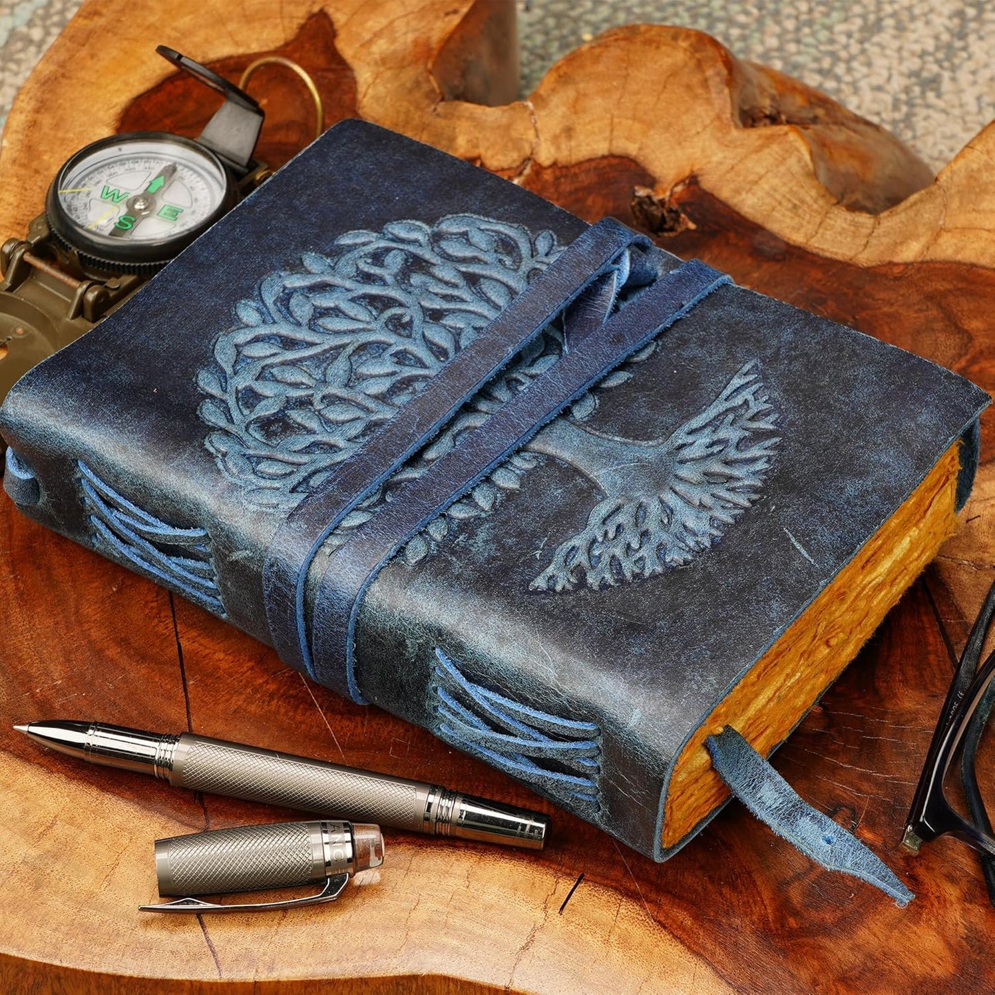 LUXEORIA Tree Of Life Leather Journal for Women and Men, Handcrafted Leather Journal for Writing Womens, Sketchbook, Travel Diary with Unlined Deckle Paper, Dark Blue 5x7