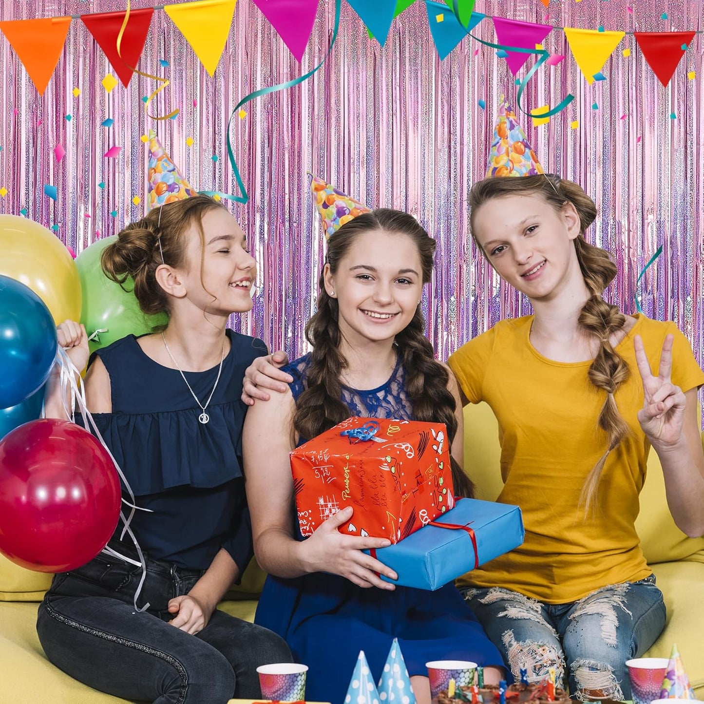 Crosize 7 Pack 3.3 x 9.9 ft Laser Pink Foil Fringe Backdrop Curtain, Streamer Backdrop Curtains, Streamers Birthday Party Decorations, Tinsel Curtain for Parties, Galentines Decor, Preppy, Photo Booth