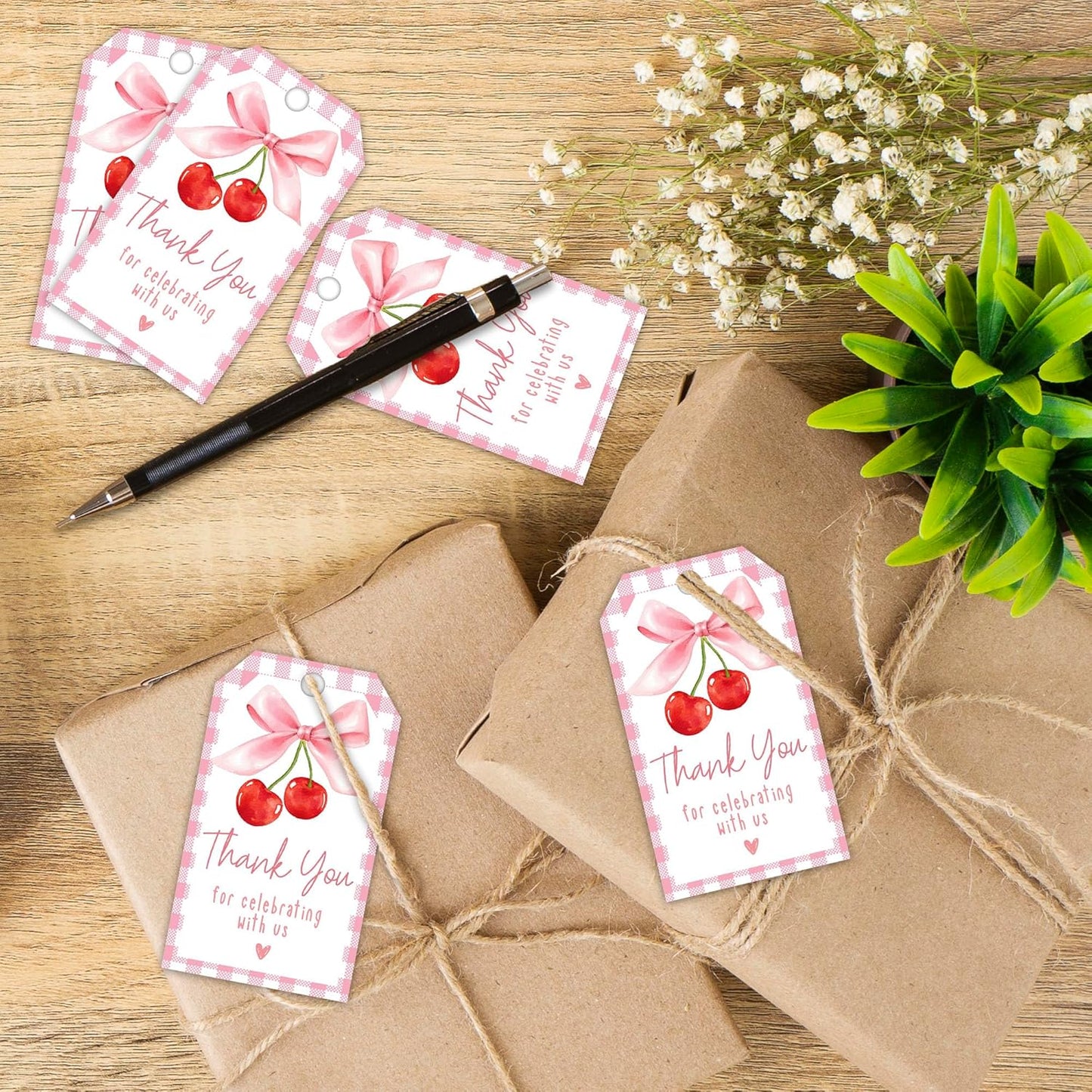 Cherry Gift Tags, 2x3.5 Inch Pink Bow Gift Tags, 50Pcs Thank You for Celebrating with Us Label, Paper Personalized Design Labels for Wrapping Party Favor-A12