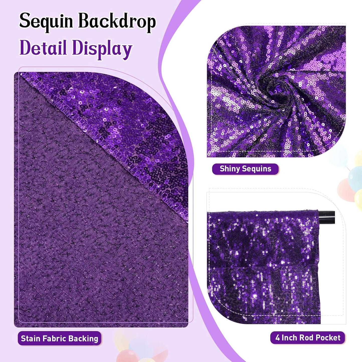 SquarePie Sequin Backdrop Curtain Not See Through Thick Glitter Background for Party 6FT x 6FT Purple