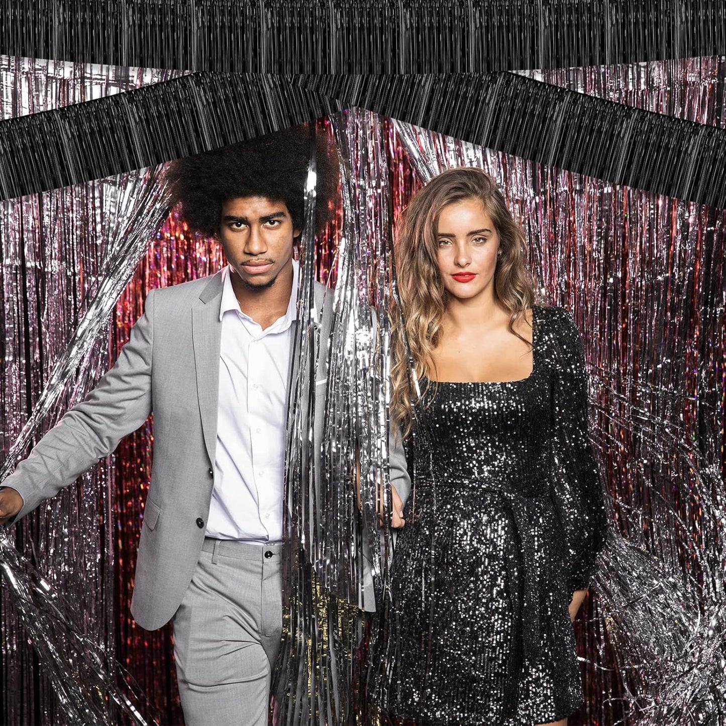 10 Pack 10 Feet Foil Fringe Garland Metallic Tinsel Streamers Banner Wall Hanging Curtain Backdrop for Parade Floats, Bachelorette, Wedding, Birthday, Halloween, Christmas Party Decorations(Black)