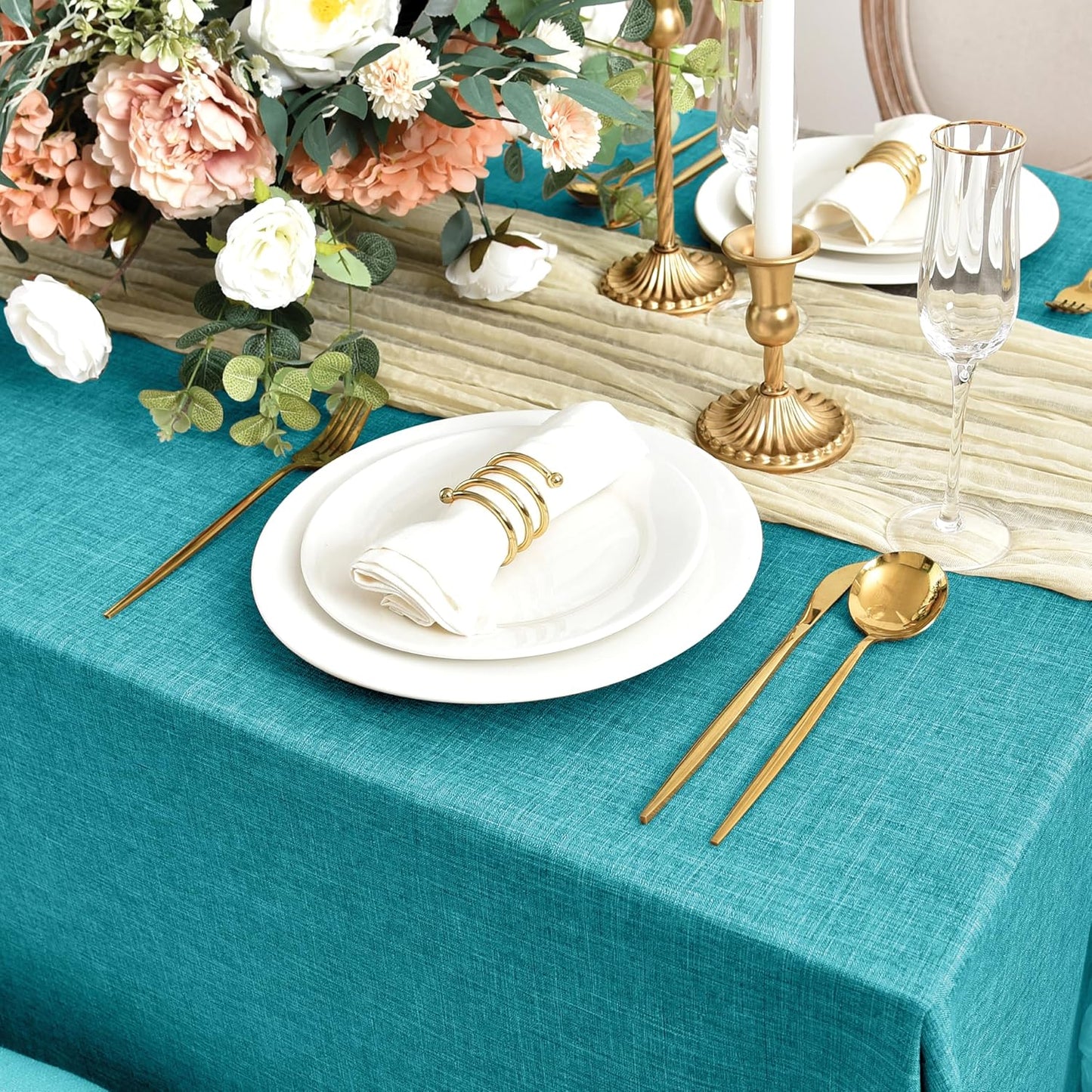 Fitable Faux Linen Tablecloths for Rectangle Tables: Water & Stain Resistant Farmhouse Table Cloth, Washable Burlap Textured Table Covers for Kitchen Dining Party(2 Pack, 60x120 Inch, Teal)