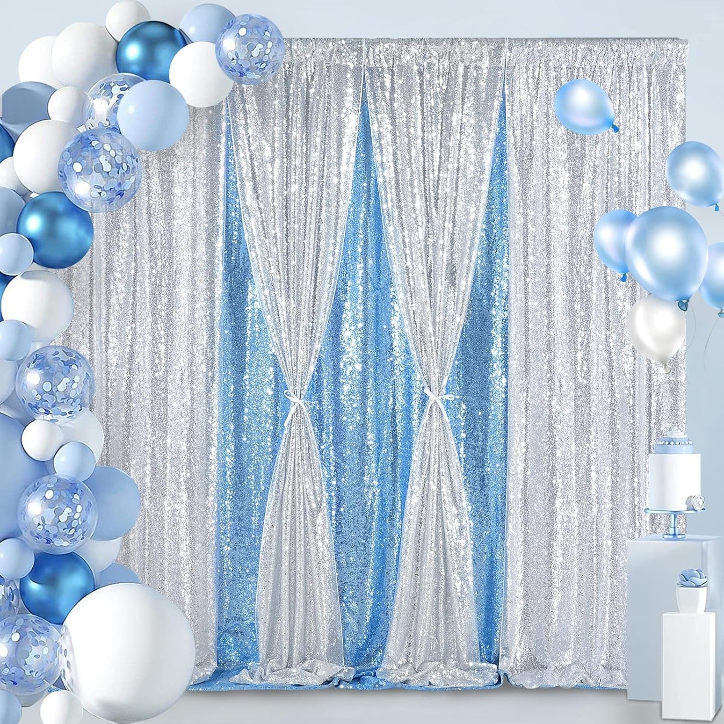 8ft x 8ft Silver Sequin Backdrop Curtain Glitter Photo Booth Backdrop for Wedding Birthday Baby Shower Event Decorations