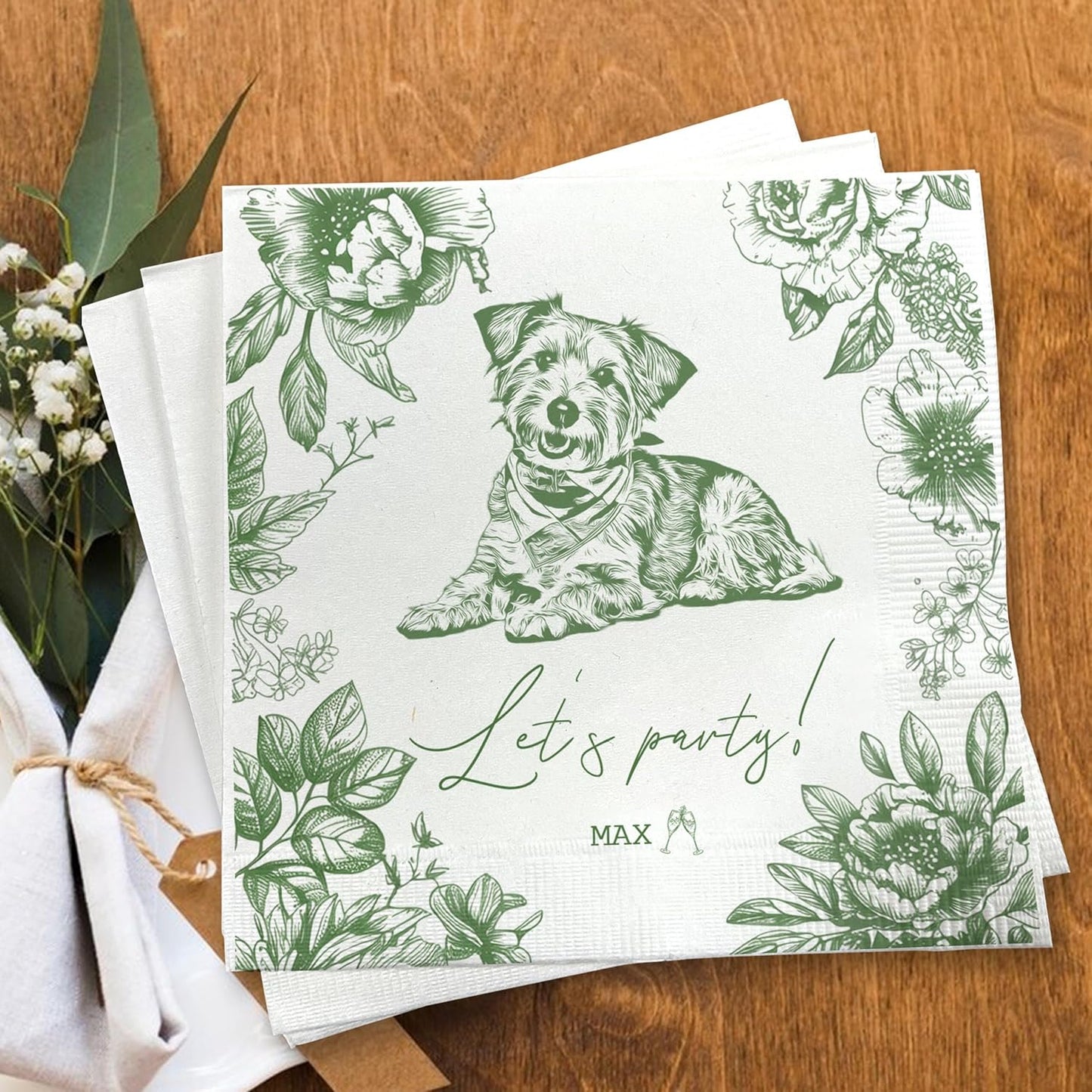 Luxury Personalized Dog Wedding Napkins, Photo Napkins for Dog, Custom Wedding Cocktail Napkin, Blue Floral Cocktail Napkin, Paper for Pet Lovers, Bridal, Engagement Party, Bridal Shower