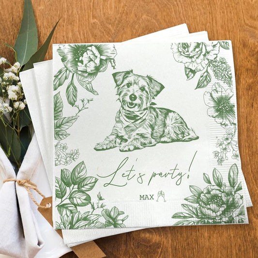 Luxury Personalized Dog Wedding Napkins, Photo Napkins for Dog, Custom Wedding Cocktail Napkin, Blue Floral Cocktail Napkin, Paper for Pet Lovers, Bridal, Engagement Party, Bridal Shower