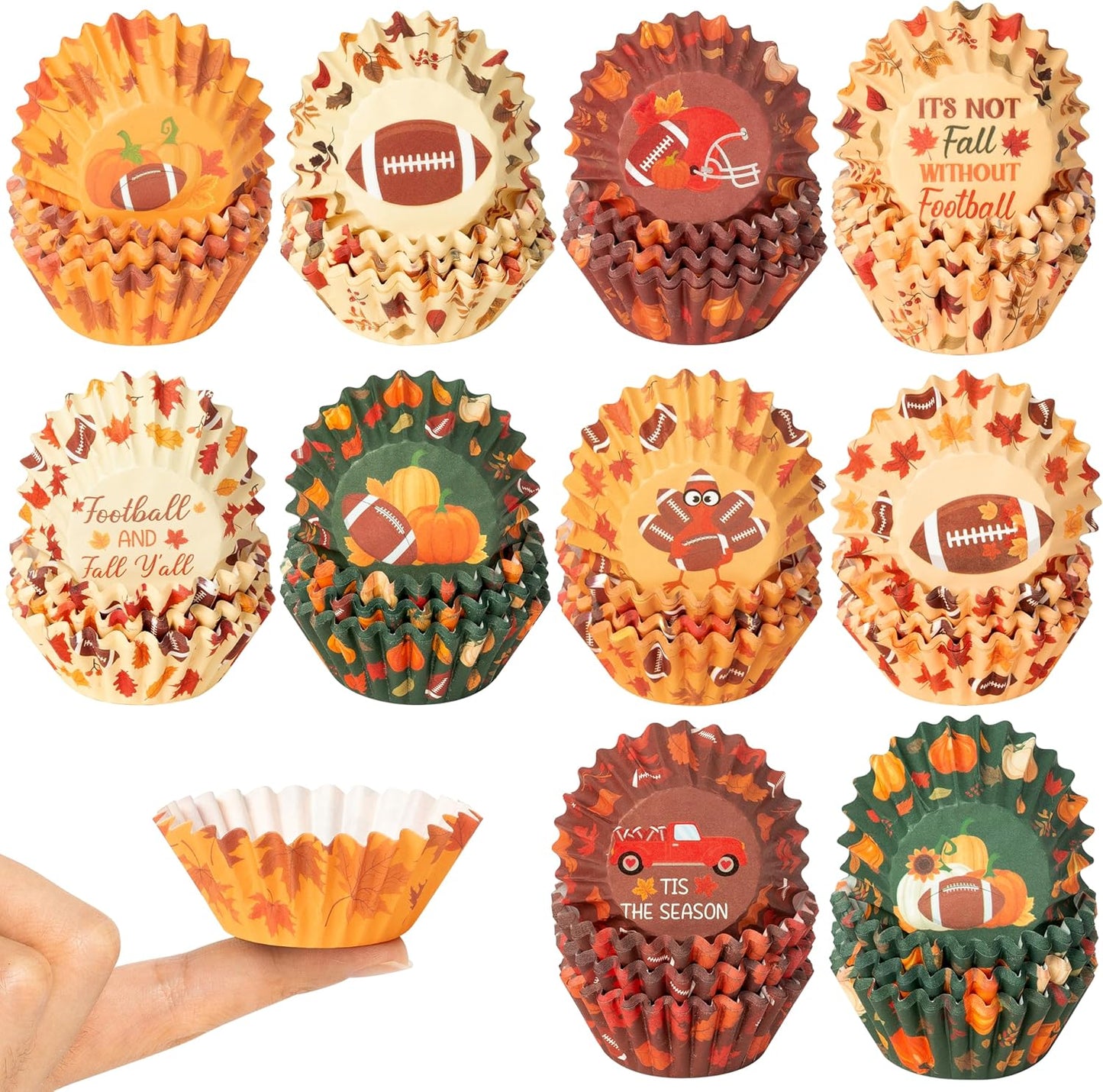COcnny Fall Mini Cupcake Liners - 600pcs Autumn Football Muffin Paper Cupcakes Baking Cups Wrappers, Pumpkin Maple Leaf Case Cake Wrap Making Supplies for Fall Thanksgiving Halloween Party (10 Styles)