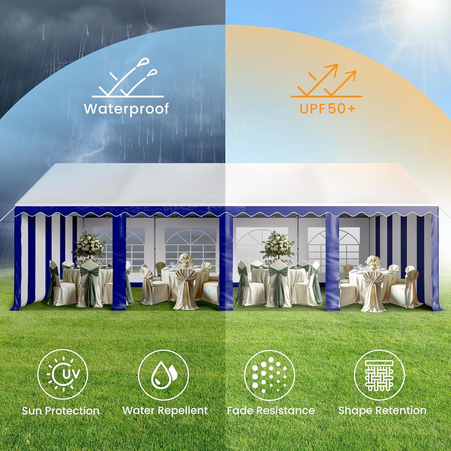 PHI VILLA 26'x13' Outdoor Heavy Duty Party Tent Large Commercial Canopy Wedding Event Tent Shelter Canopy Carport with Removable Sidewalls & 3 Storage Bags for Patio Outdoor Garden Events, Blue