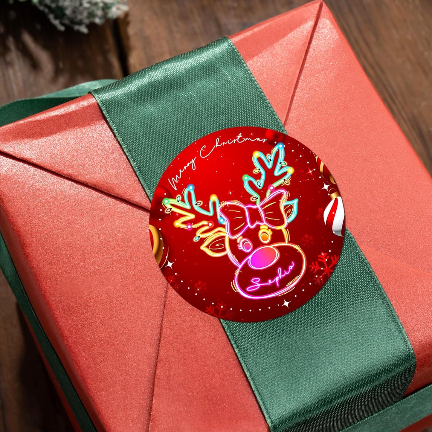 CALLIE Personalized Christmas Stickers with Custom Name, Waterproof Custom Christmas Name Tags Stickers, Peel and Stick Christmas Gift Tags (Cute Christmas Neon Reindeer)