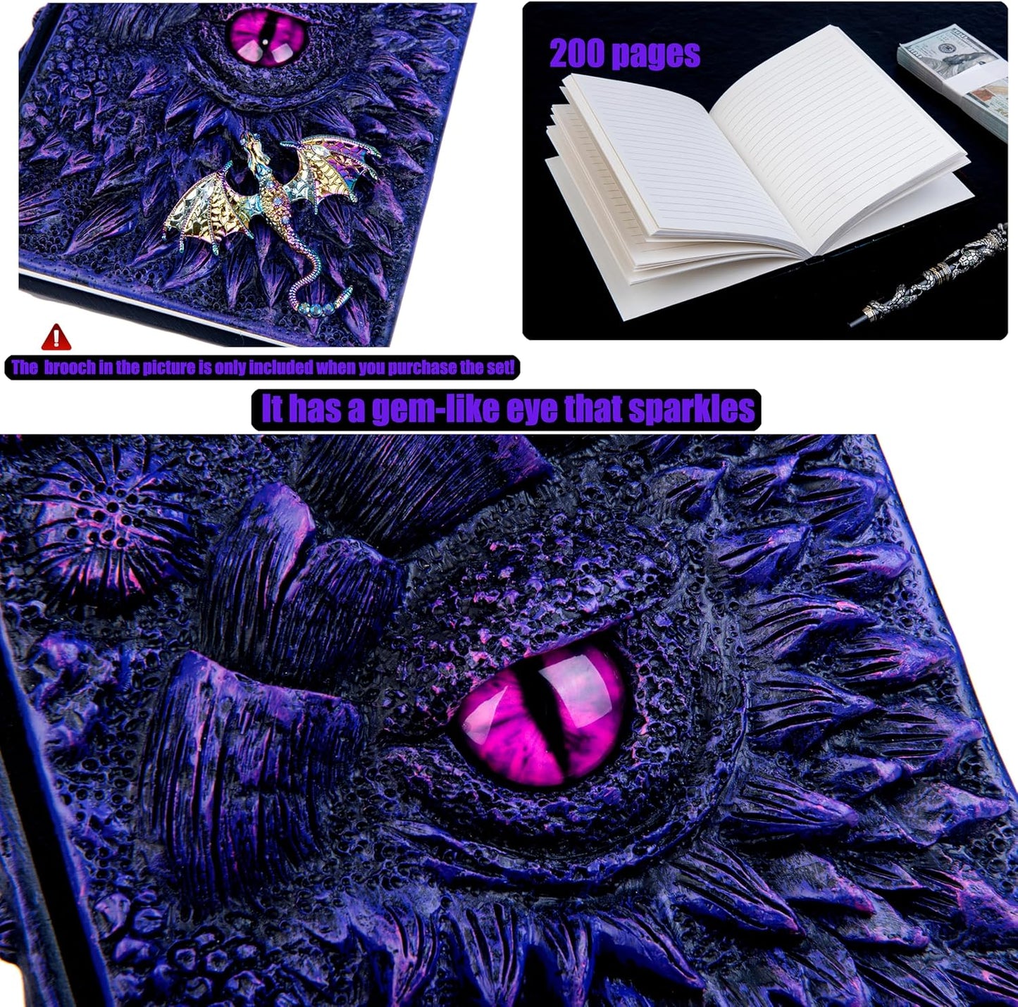3D Dragon Eye Embossed Journal,Resin Engraving Notebook,Dnd notebook for Dragon Lovers ，Blank Paper,Hardcover Travel Notepad for Writing,Sketchbook,Collection,Gift,Decoration A4 and A5 Size (A5-Dark Purple-Lined-Brooch)
