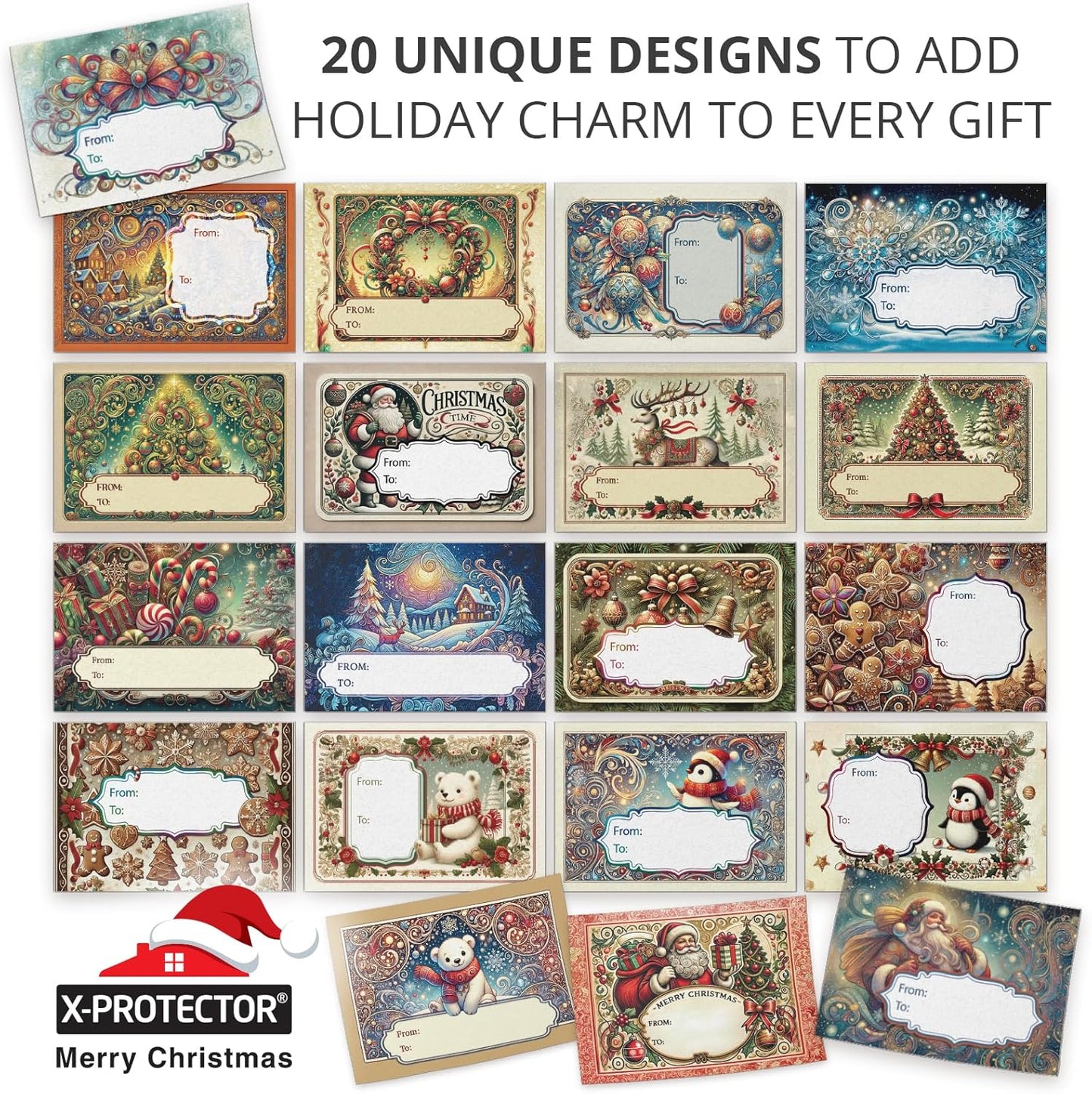 X-Protector Christmas Gift Tags 100 PCS - 2.4x1.7 in Christmas Wrapping Paper Name Tags - 5 Sheets of Self-Adhesive Xmas Present Labels Stickers - Peel and Stick Gift Wrap Tags!