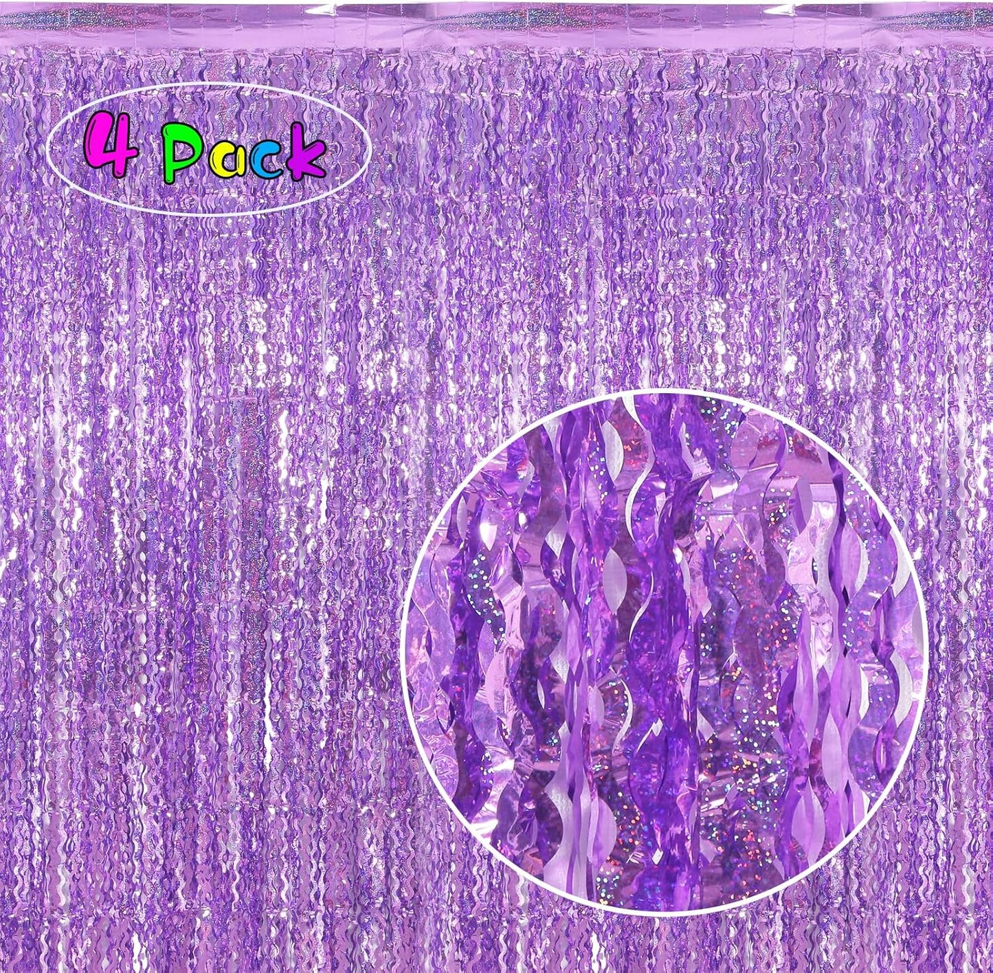 4 Pack Sparkle Wavy Purple Tinsel Curtain Party Backdrop - 3.3X6.6ft Foil Fringe Curtain Party Photo Booth Streamers for Mermaid Euphoria Themed Decorations