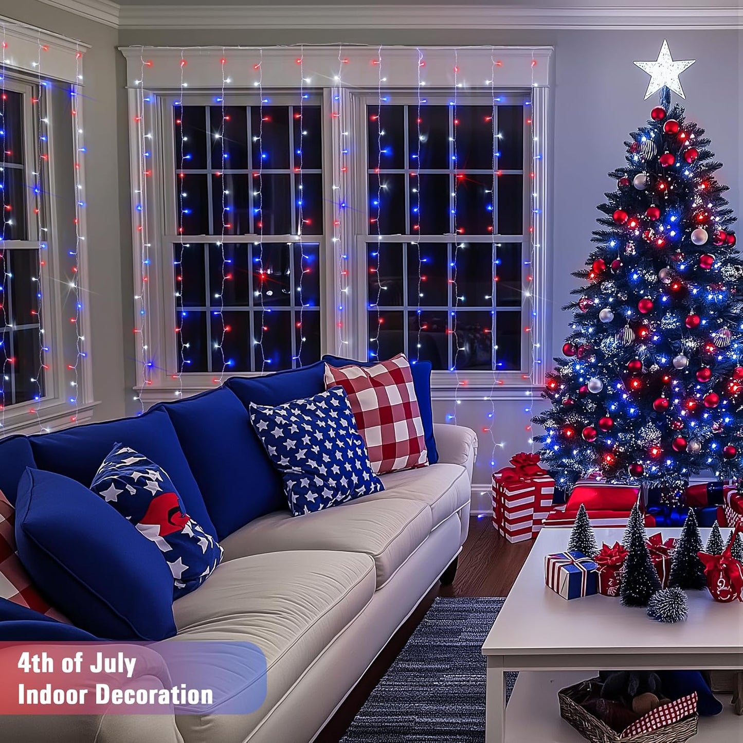 JMEXSUSS 300LED Red White and Blue Lights with Remote, 4th of July Lights Plug in, Patriots Curtain Hanging String Lights for Bedroom Wall Window Backdrop Indoor Outdoor 4th of July Decor, 9.8x9.8ft