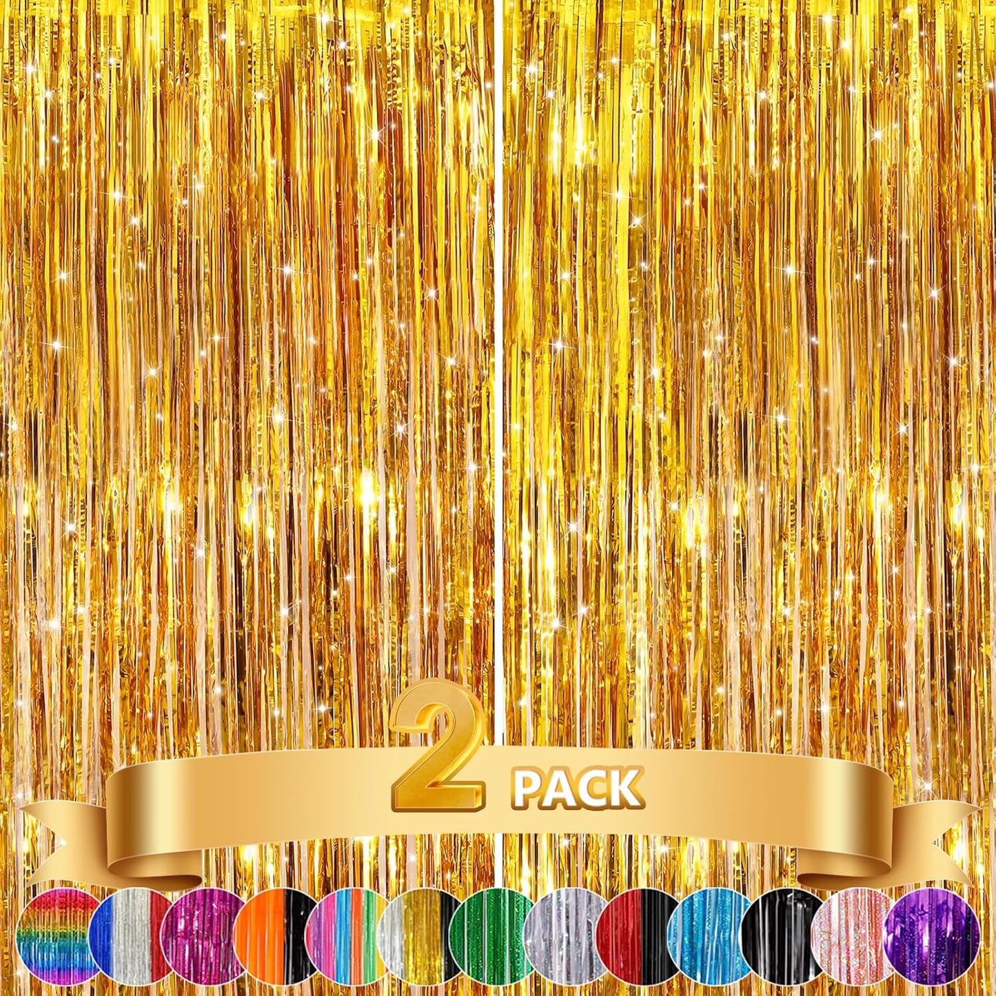 2Pack Gold Party Streamers, Gold Metallic Tinsel Streamers for Birthday Wedding Party Decors Graduation, Baby Shower, Photo Booth Props for Bachelorette Decors Xmas Halloween Party Supplies Backdrop