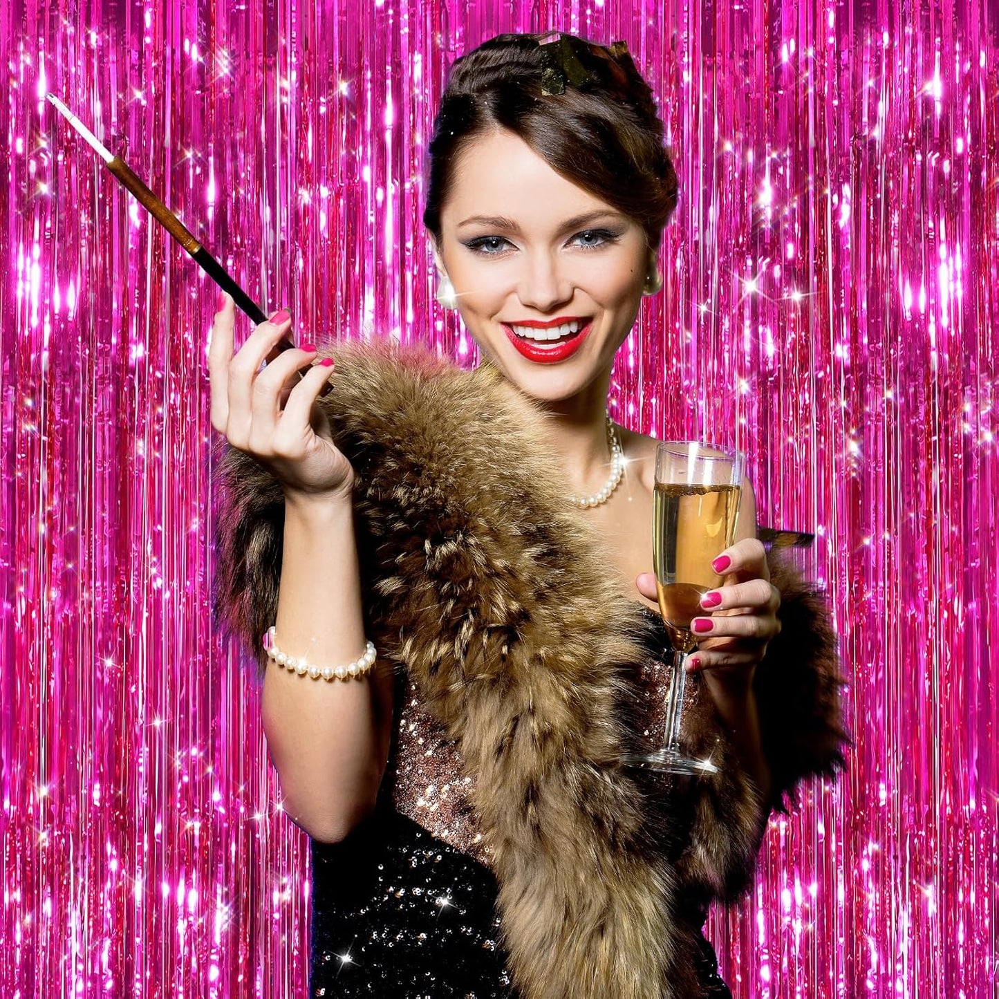 2Pack Hot Pink Metallic Tinsel Foil Fringe Curtains Backdrop for Pink Party Birthday Wedding Bachelorette Baby Shower Holiday Party Decorations Photo Booth Props, Bachelorette Christmas Party Decors