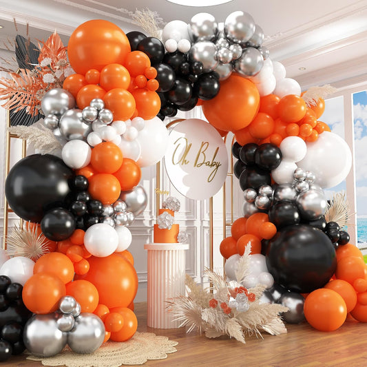412Pcs Orange and Black Balloon Arch Kit, 18 12 10 5 Inch Different Size Orange Black White Metallic Silver Balloon for Birthday Graduation Halloween Celebration Trick or Treat Party Party Decoration
