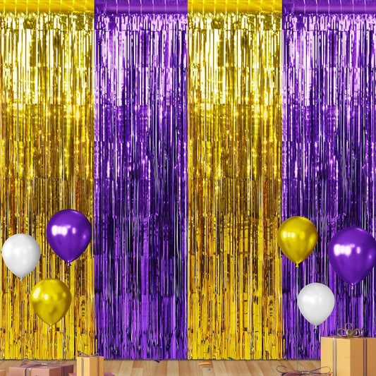3Pack 3.3Ft x 6.6Ft Graduation Foil Fringe Curtain Backdrop Decorations, Purple Gold Metallic Tinsel Foil Streamers Curtain Photo Booth Background for Graduation Prom Wedding Birthday Party Decoration