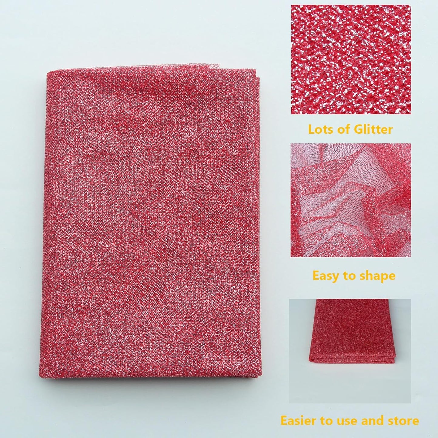 Glitter Tulle Fabric 56 Inch by 5.5 Yards Fabric Tulle Bolt for Wedding Christmas Decorations DIY White Tutu Baby Shower Table Skirt Ceiling Decor Birthday Party Craft Supplies-Red
