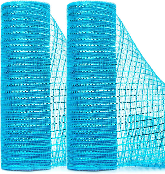 Ribbli 2 Rolls Turquoise Blue Mesh Ribbon,10 inch x 30 feet(10Yard) Each Roll,Metallic Turquoise with Blue Foil,Use for Wreath Swags and Christmas Decoration