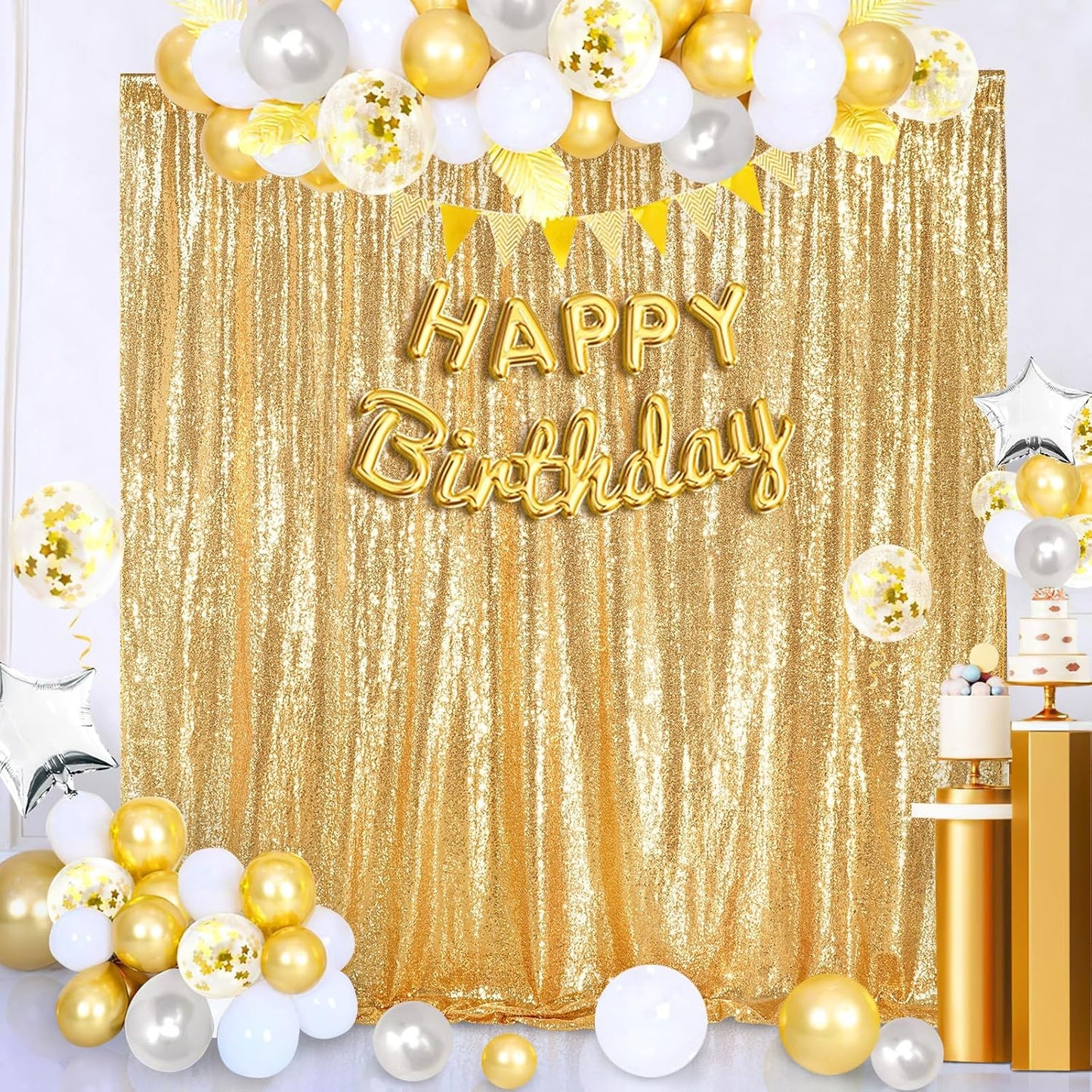 QueenDream Gold Sequin Backdrop Curtain Party Decorations: 10ft x 10ft Glitter Background Sequin Fabric for Wedding Birthday Ceremony